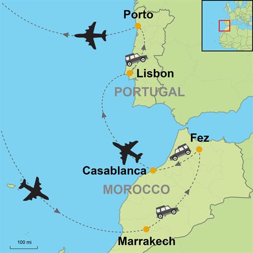 Map-Marrakech-Fez-Casablanca-Lisbon-Porto