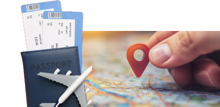 Passport, tickets, hand pointing on a map